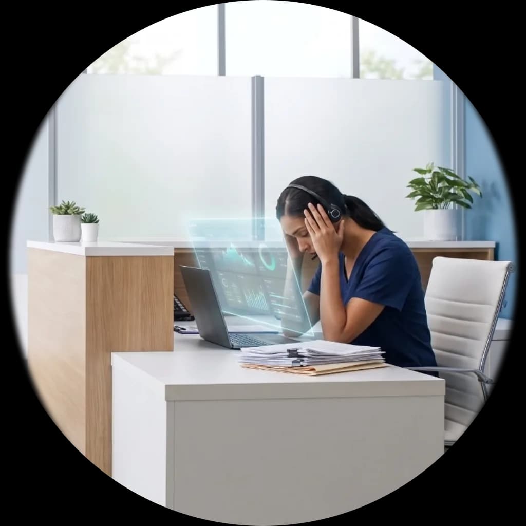 Stressed healthcare worker overwhelmed by holographic data dashboards and paperwork